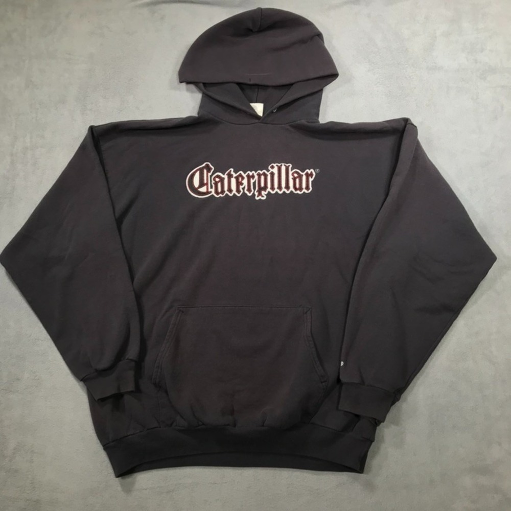 VTG Caterpillar CAT Hoodie Sweatshirt Men's XL Black Grunge distressed Y2K Skate